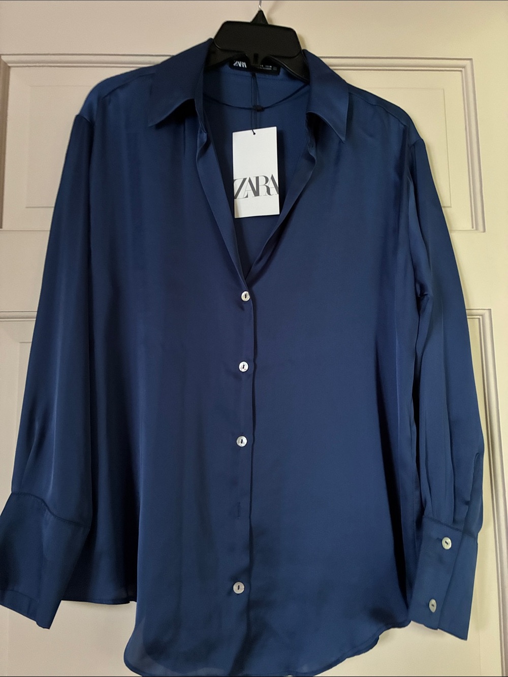 Zara Men’s Deep Blue Satin Button-Down Shirt
